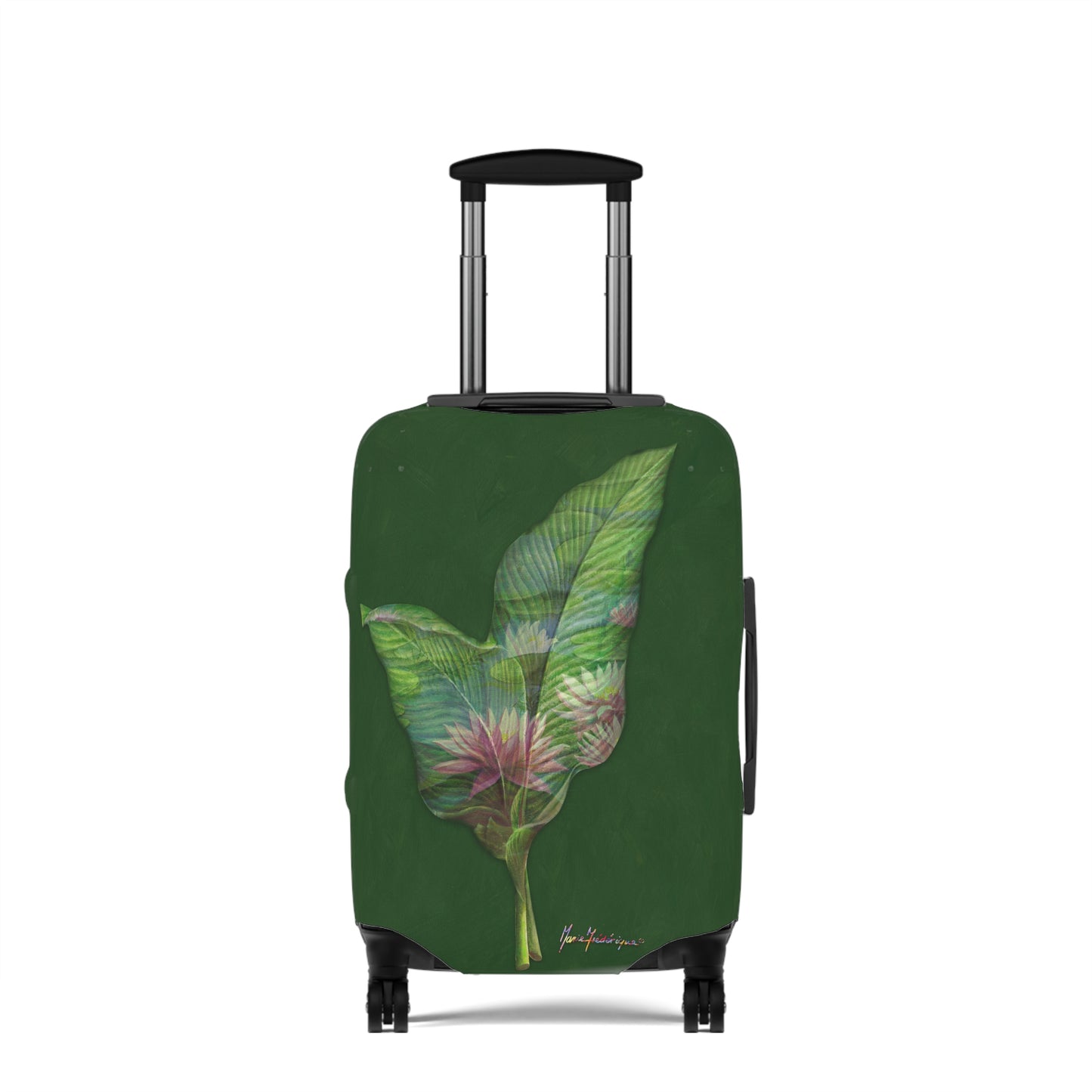 Luggage Cover, Pink Lotus flower and leaves on green By Artist Marie Frederique