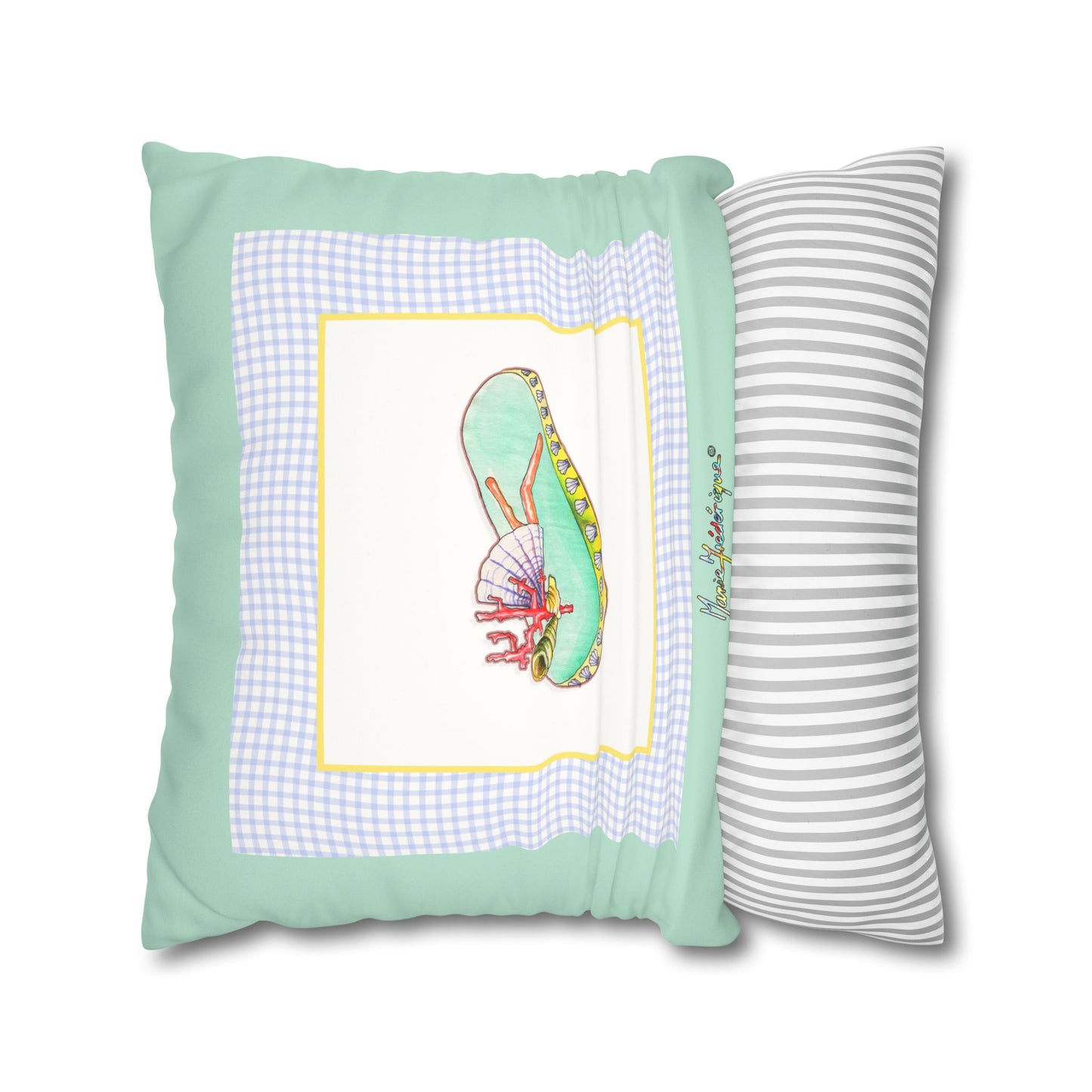Mint Gingham Vacation Flip-Flop Pillowcase — Beachy Faux Suede Decorative Pillow Cover by artist Marie Frederique