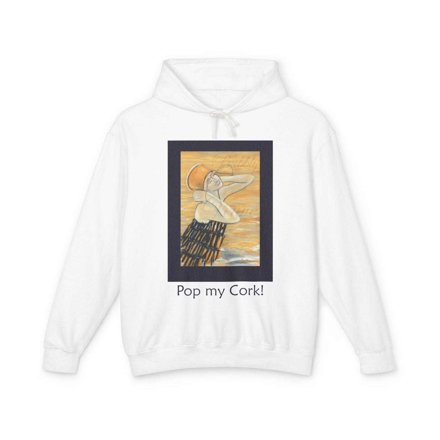 Celebration, Hooded Sweatshirt: Sexy Woman Dressed as Champagne Bottle "Pop my Cork! by artist Marie Frederique