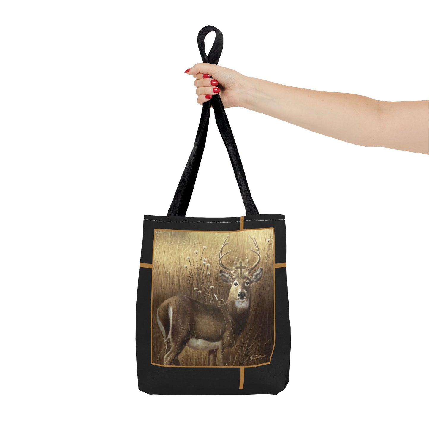 Deer Buck Tote Bag – Golden Meadow Wildlife Art Tote by artist Marie Frederique