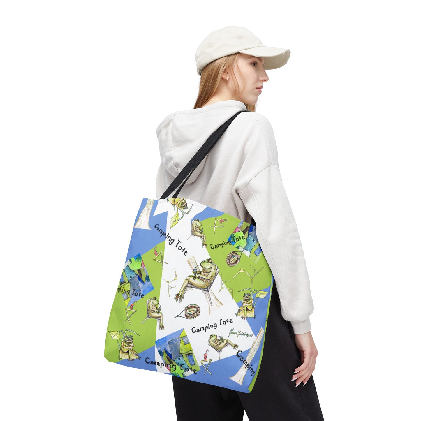 Camp Frog Adventure Tote Bag by artist Marie Frederique