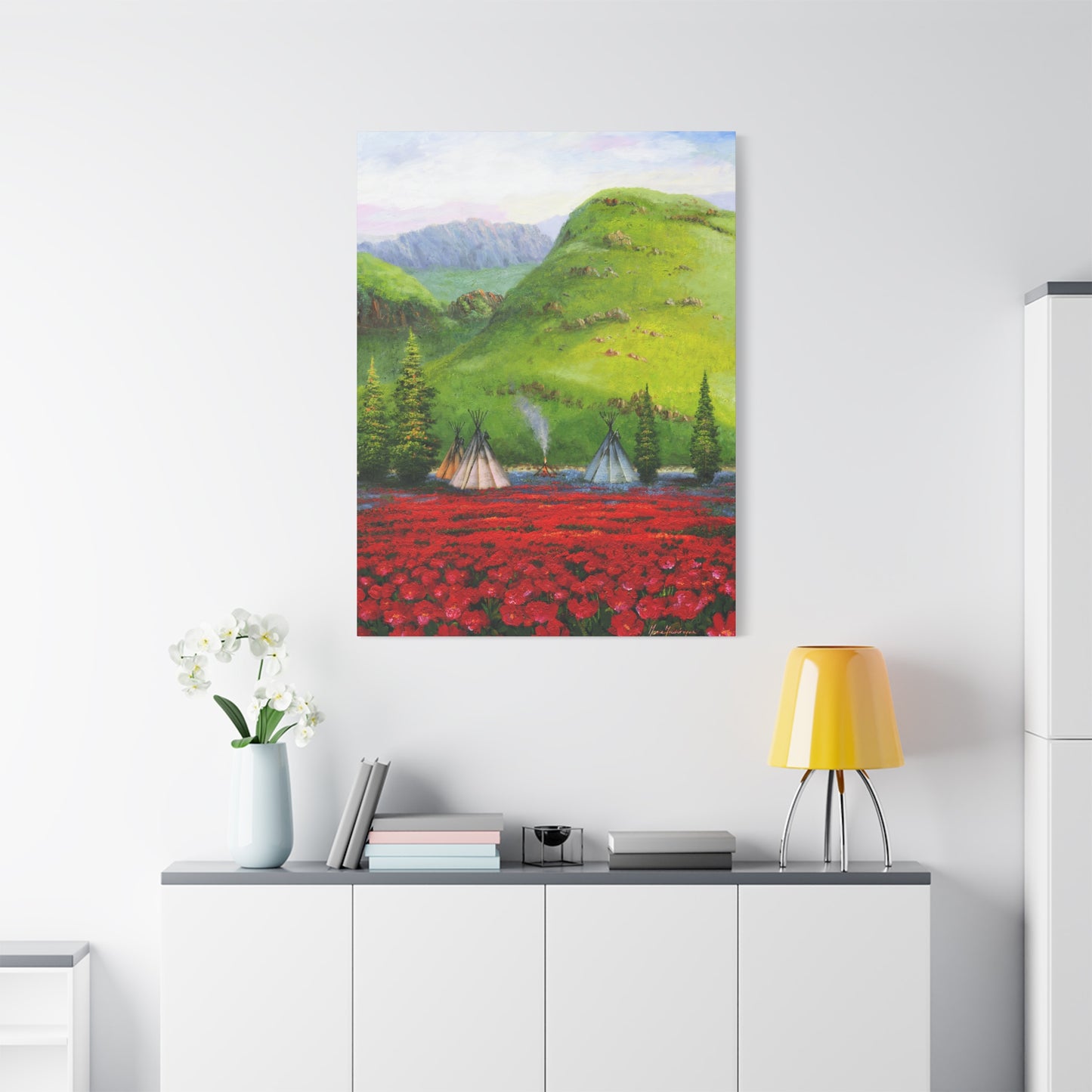 Serene Native American Landscape with Red Poppy Fields - Canvas Print by artist Marie Frederique
