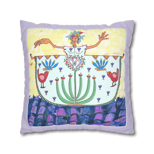 Tropical Folk Art Floral Pillowcase — Faux Suede Square Pillow Cover by artist Marie Frederique