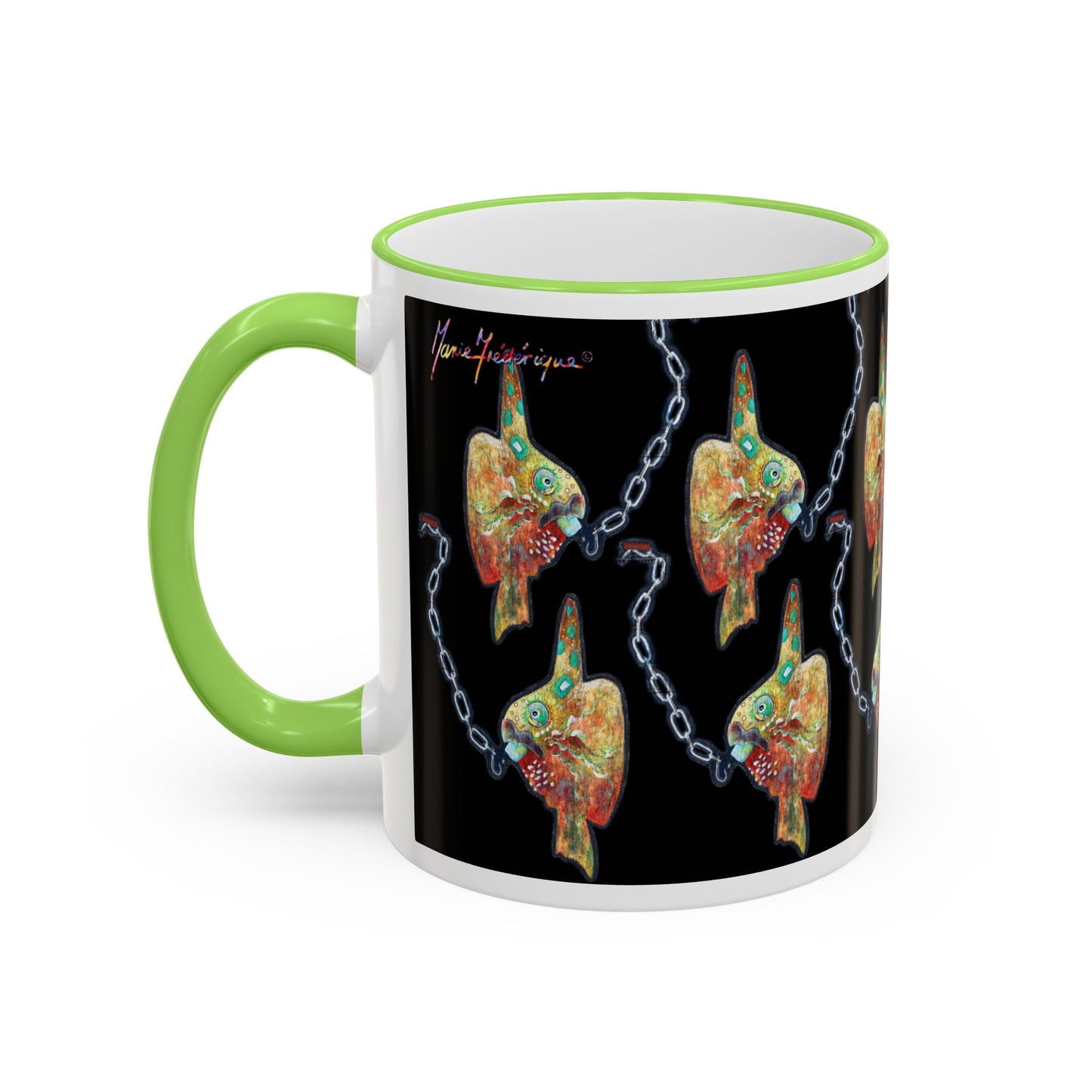Colorful Steampunk Sunfish Mug — Accent Rim & Handle Coffee Cup by artist Marie Frederique