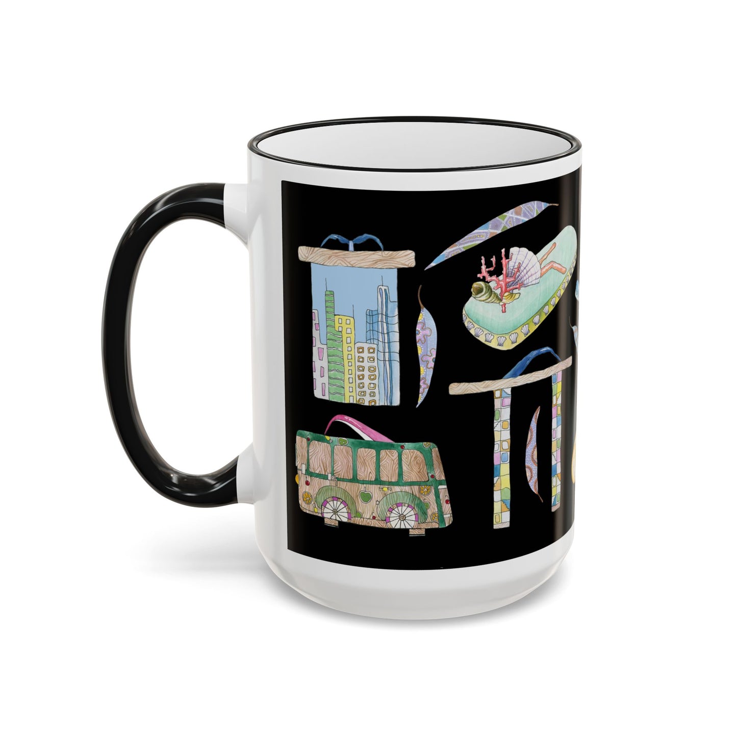 Vacation Fun Flip-Flop Accent Rim Mug — 11oz/15oz Ceramic Coffee Cup by artist Marie Frederique