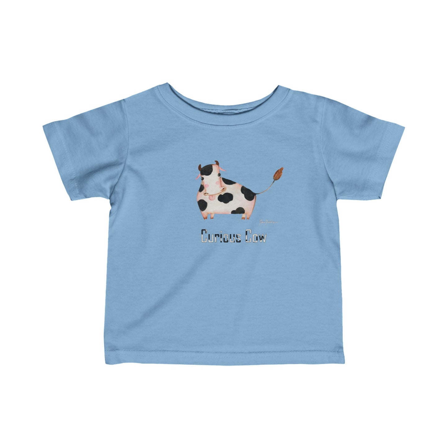 Curious Cow - Infant Fine Jersey Tee by Artist Marie Frederique in 5 color options. White, Apple, Light Blue, Pink and Red