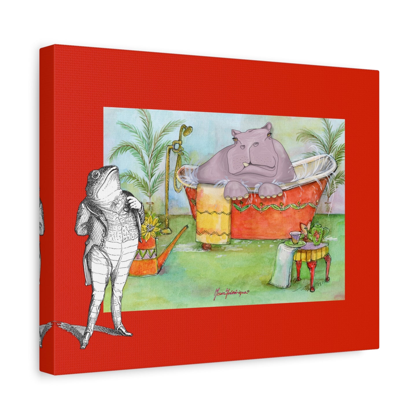 Hippo in Bathtub Canvas Wall Art – Whimsical Animal Bathroom Decor by artist Marie Frederique