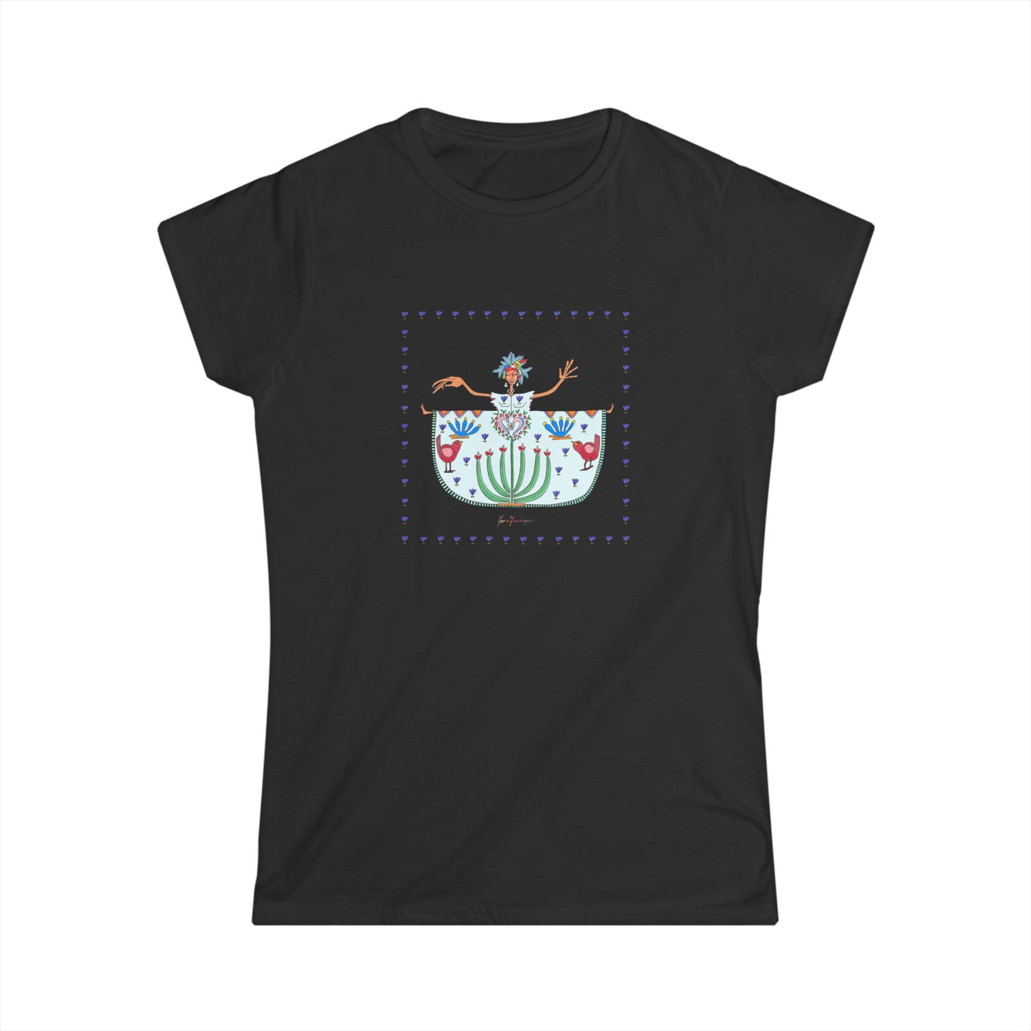 Chic Tropical Women’s Tee — Colorful Dancing Folk Art, Floral Bird Pocket Design by artist Marie Frederique