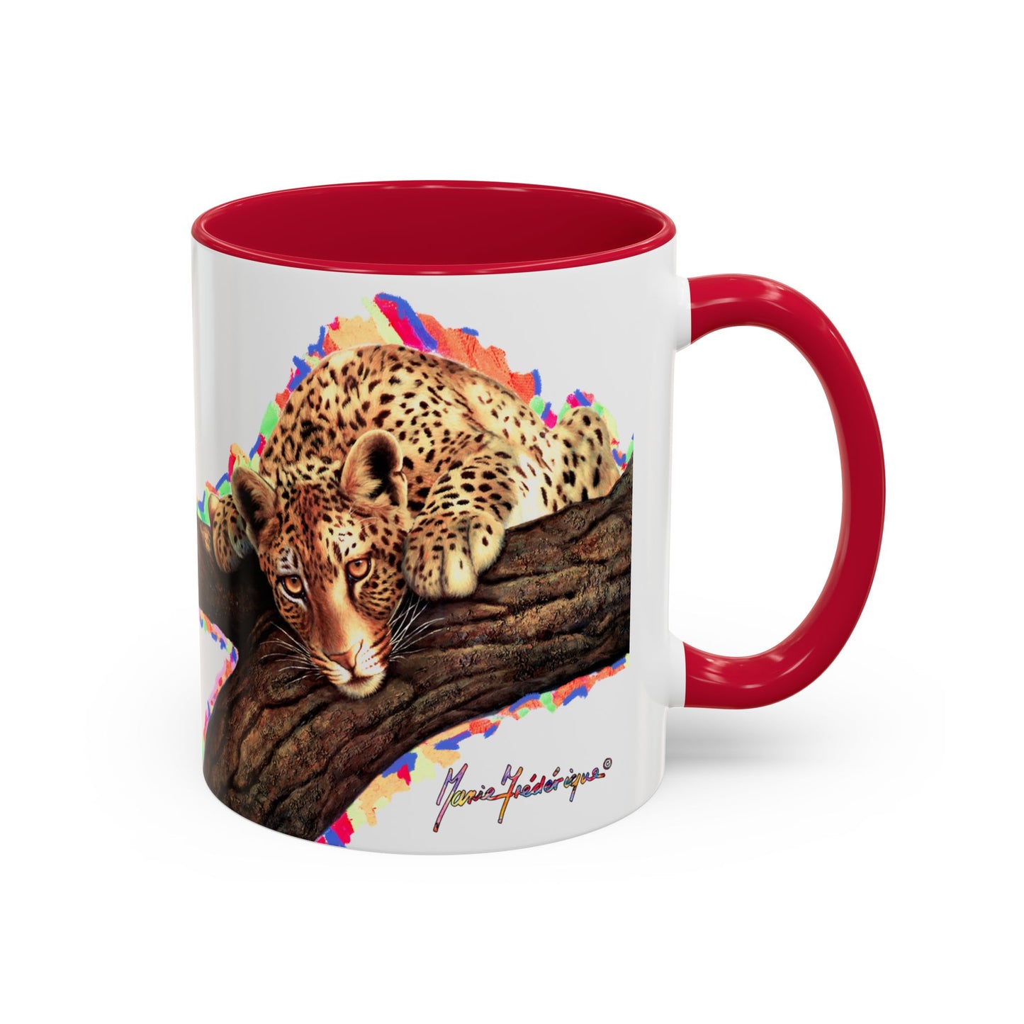 Leopard in a tree, "Remember, you're always being watched!" Mug by Artist Marie Frederique