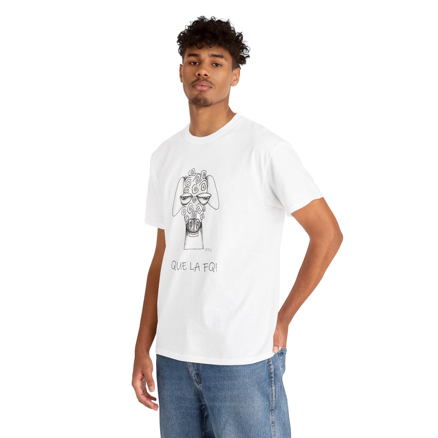 Adult Humor "QUE LA FQ!" with a whimsical drawing of a sheep's face - Unisex Heavy Cotton Tee by artist Marie Frederique