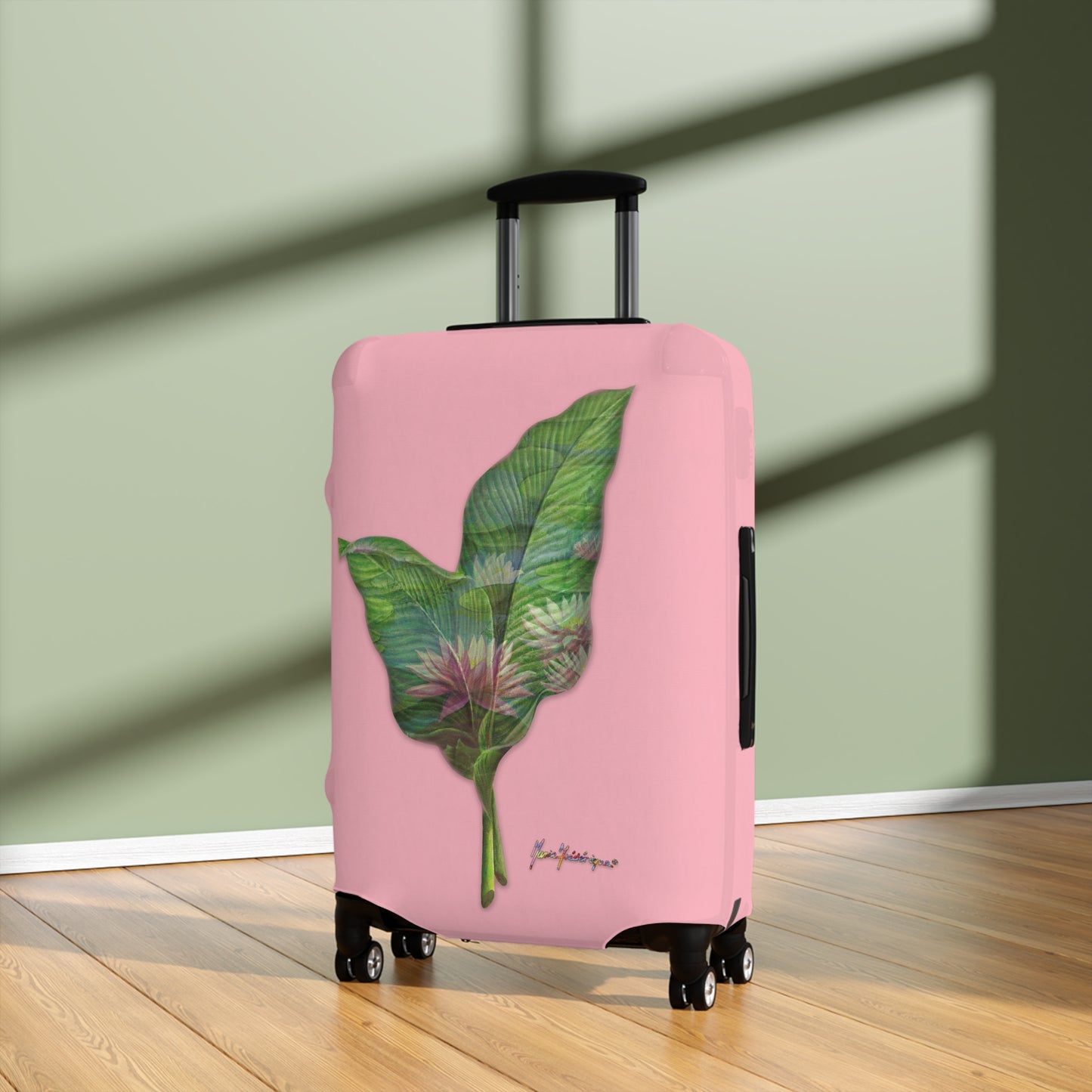 Luggage Cover, Pink lotus flower on pink background by artist Marie Frederique