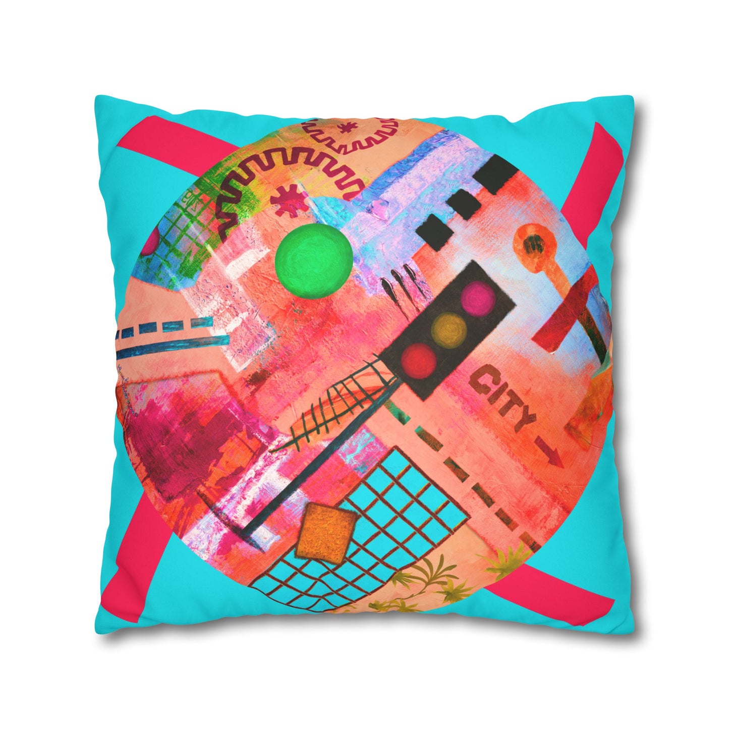 Urban City-Themed Faux Suede Pillowcase by artist Marie Frederique (Pillow not included)
