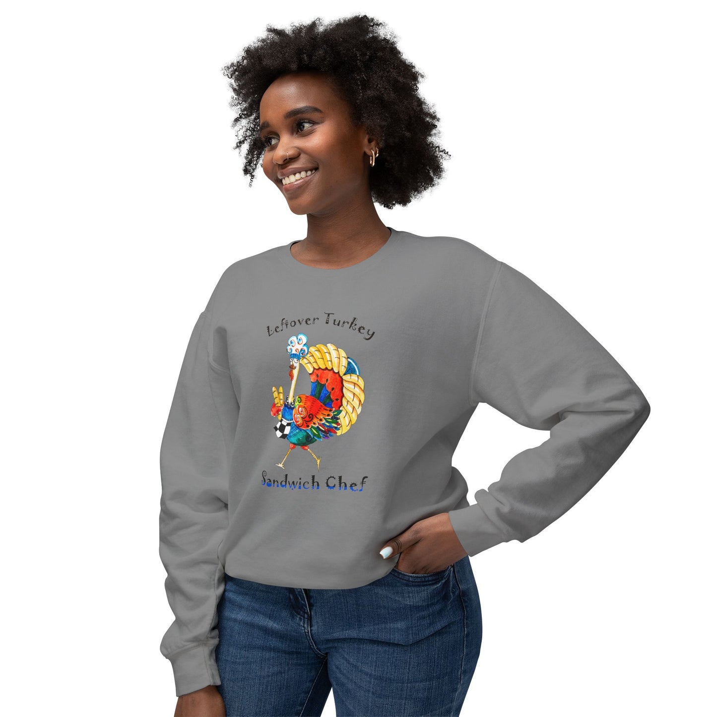 Thanksgiving Turkey Sandwich Chef - Unisex Lightweight Crewneck Sweatshirt by artist Marie Frederique