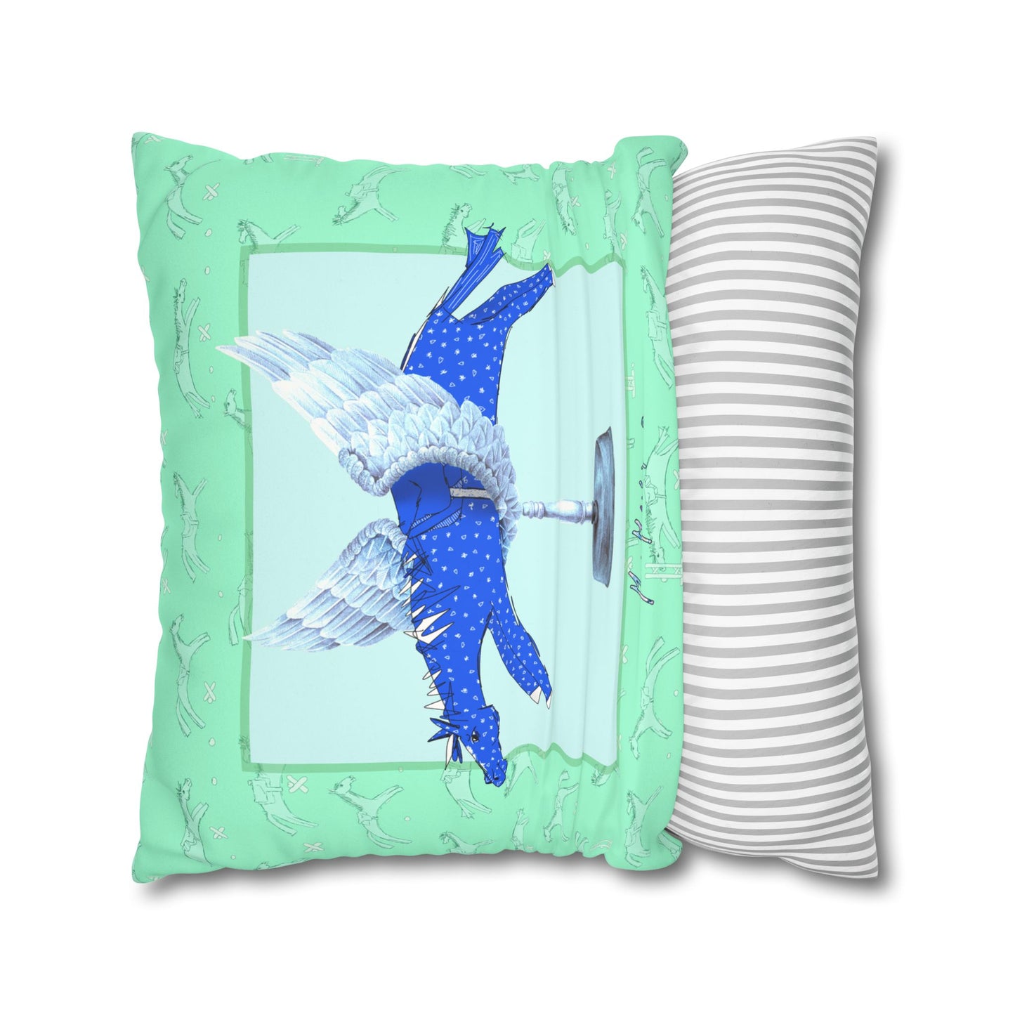 Winged Blue Horse Faux Suede Pillowcase — Decorative Square Throw Pillow Cover by artist Marie Frederique