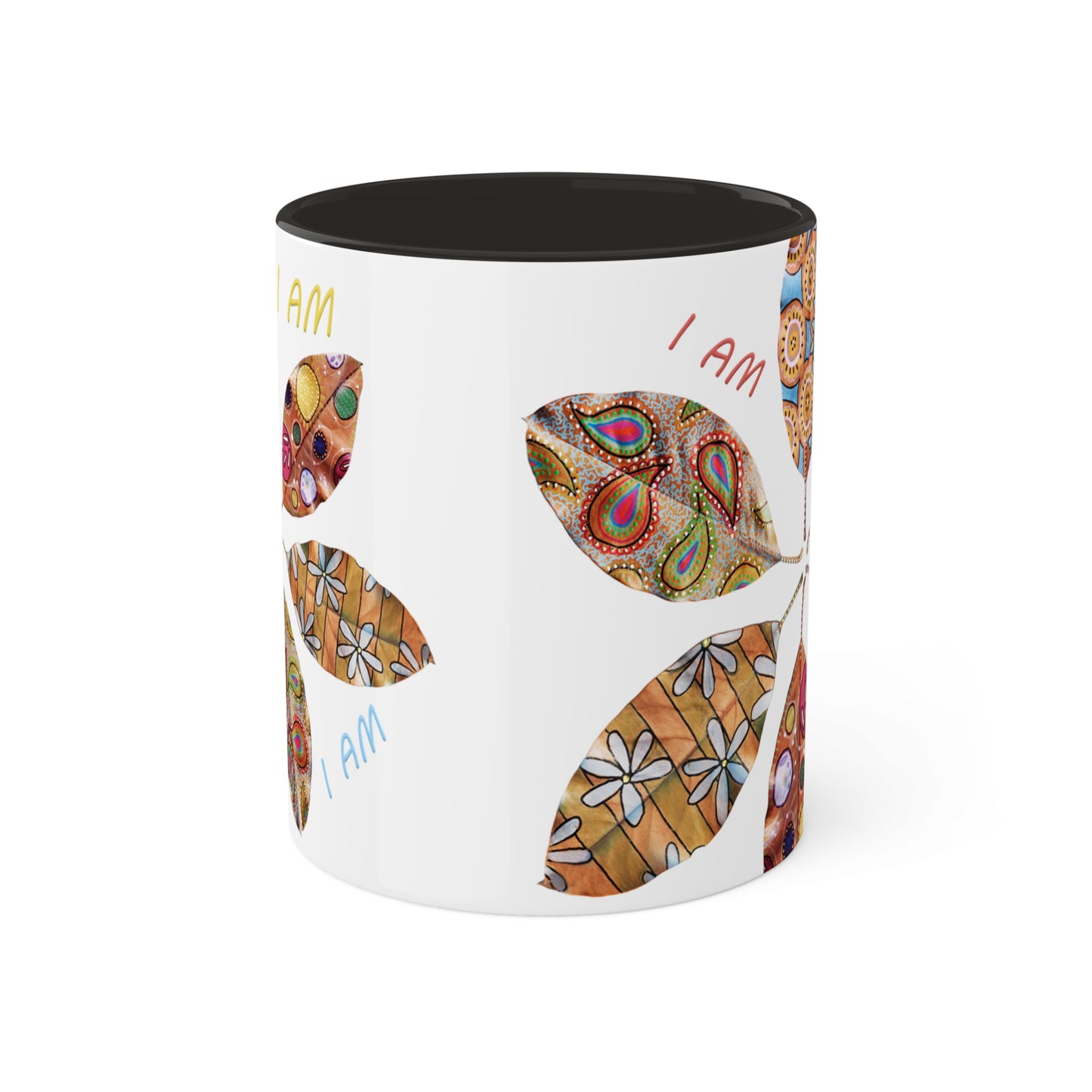 I AM collection with painted leaves - Colorful Mug in 5 colors, Red, Bblack, Yellow, Light Green and Cambridge Blue 11oz By Artist Marie Frederique