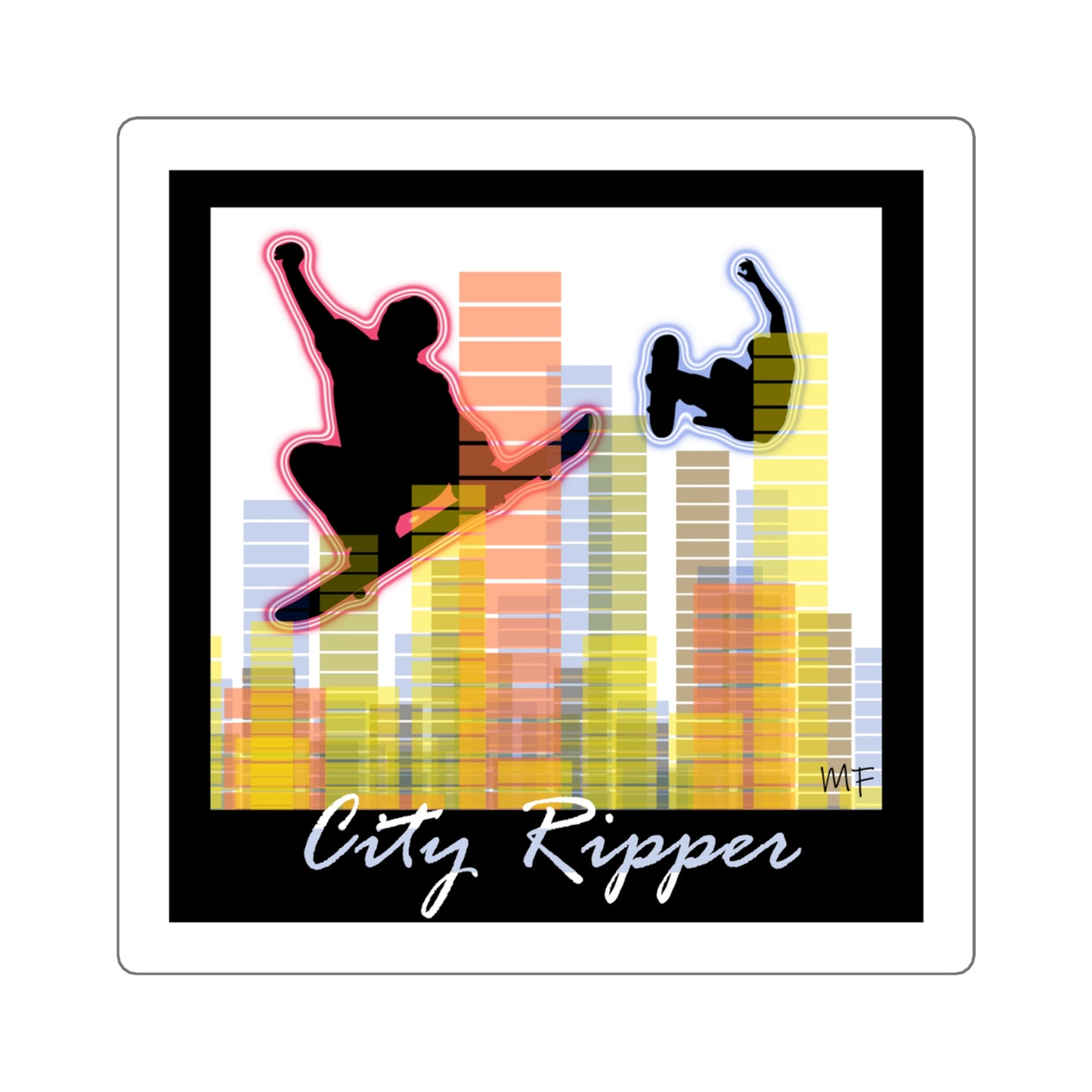 Skateboard - City Ripper, Designer Graphic Illustration multicolored Sticker in 4 sizes by artist Marie Frederique