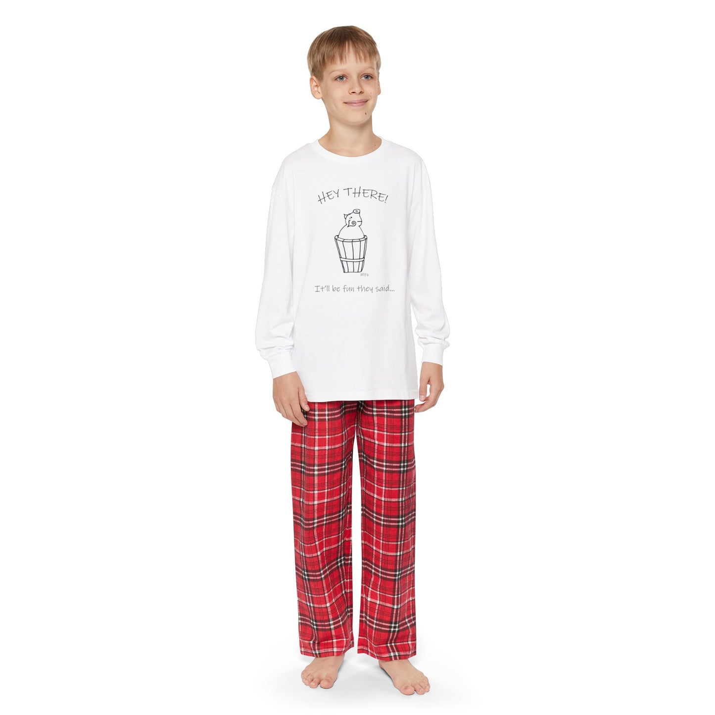 Pig in a barrel - HEY THERE it'll be fun they said...Youth Long Sleeve Holiday Outfit Set in Red or Green by artist Marie Frederique