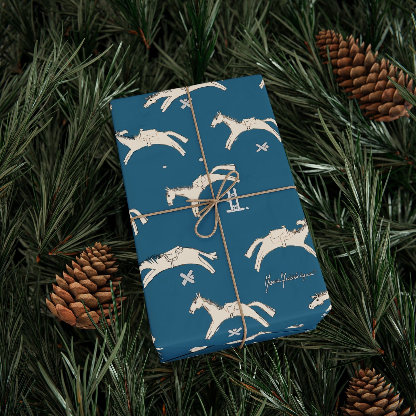 Horse jumping Blue Wrapping Paper Roll – Equestrian Gift Wrap by artist Marie Frederique
