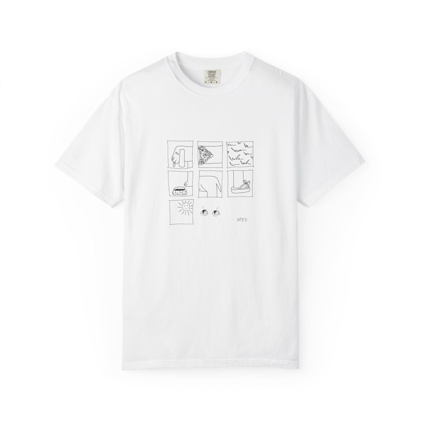 Comic Dog Panel T-Shirt — Line Art Summer puzzle by artist Marie Frederique