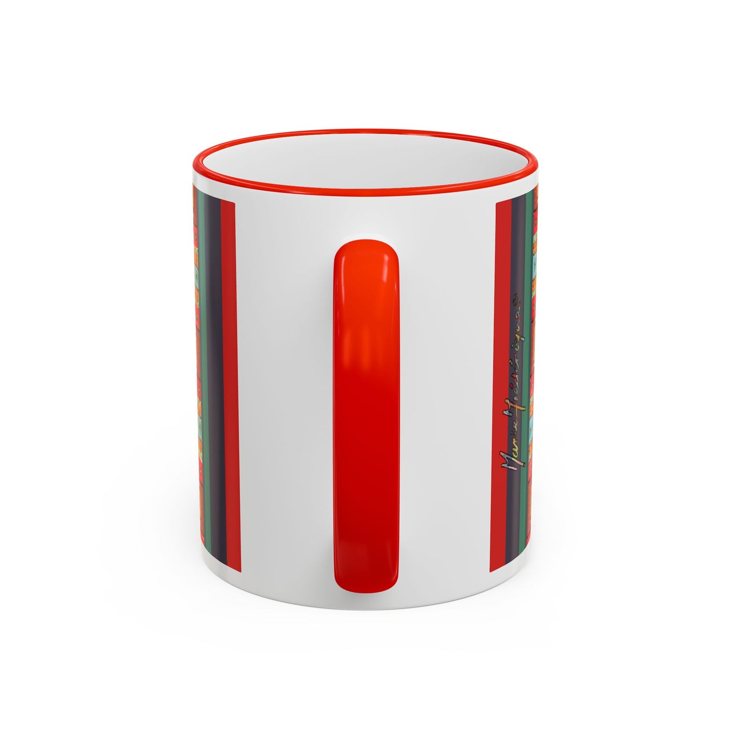 Colorful Fiesta Village Scene Accent Rim Mug — Whimsical Community Art Coffee Cup (11oz/15oz) by artist Marie Frederique