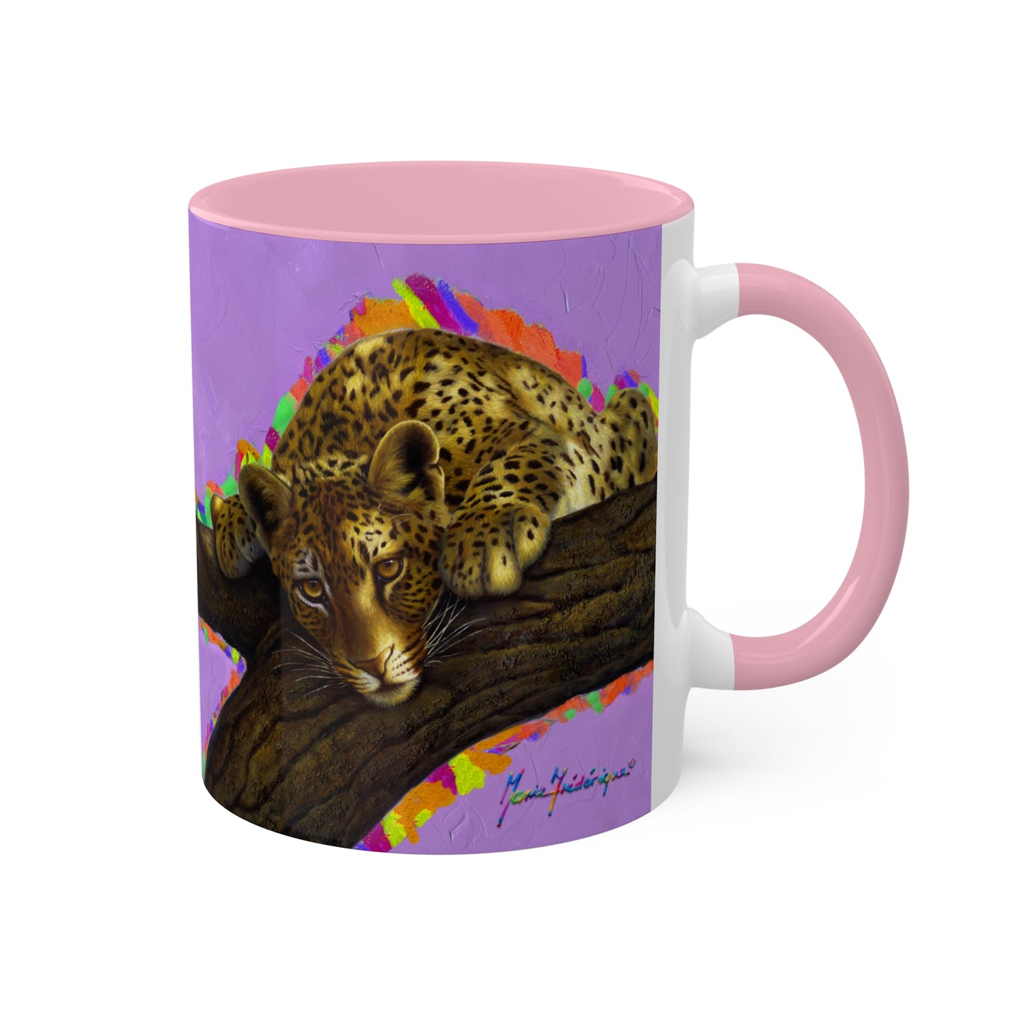 Leopard in a tree, "I'M WATCHING YOU" - Colorful Mug in 4 colors Red, Yellow, Light Green and Pink 11oz By Artist Marie Frederique