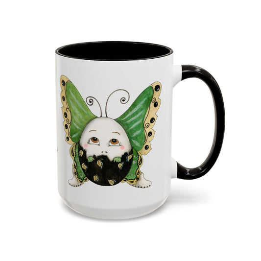 Whimsical Egg Butterfly 2 "Fly, baby fly", Colorful Mugs in black, red and green, by Artist Marie Frederique