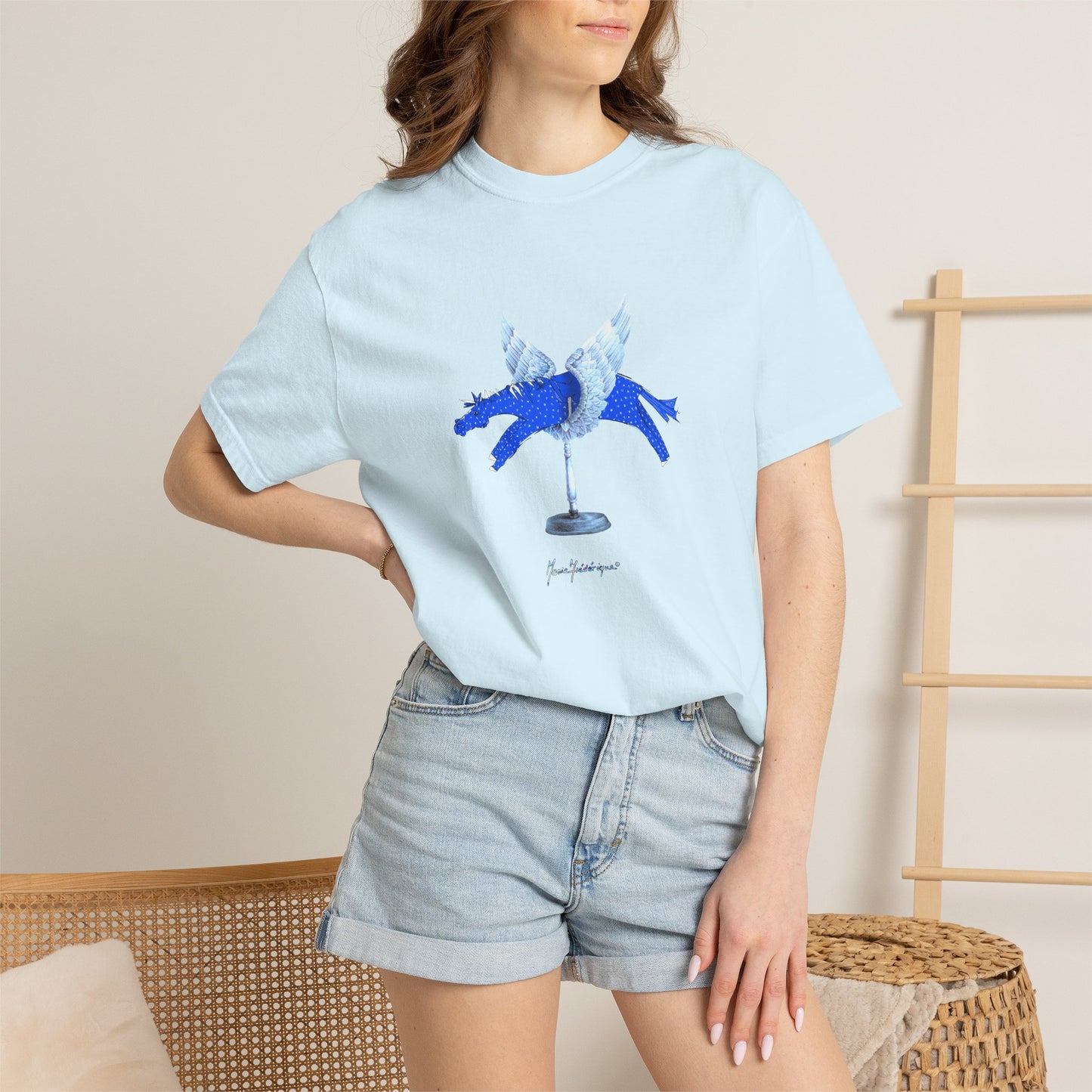 Winged Blue Horse Graphic T-Shirt — "Love Conquers" Equestrian Art Tee by artist Marie Frederique