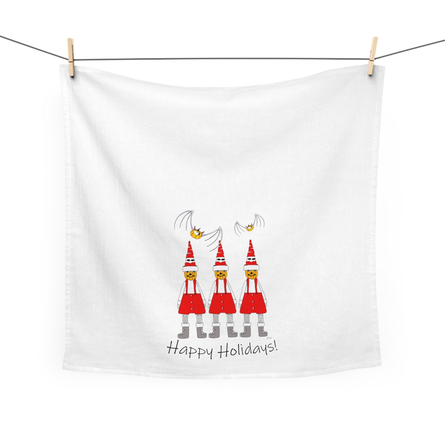 Tea Towel/Kitchen towel, Holiday Season Tea Towel with Pumpkin Santas and Heart Bats by artist Marie Frederique