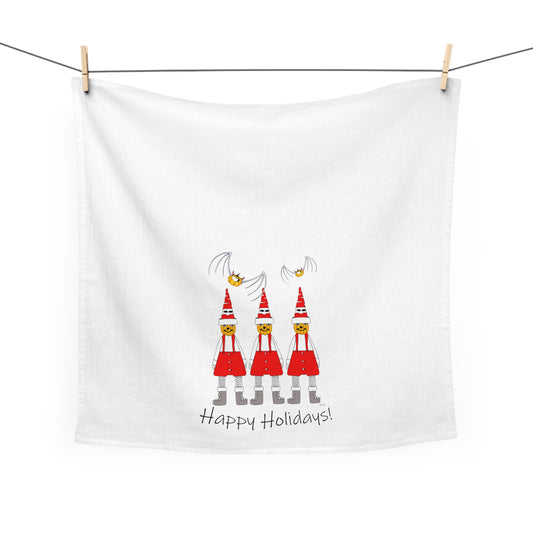 Holiday Tea Towel/Kitchen towel with Pumpkin Santas and Pumpkin Heart Bats by artist Marie Frederique