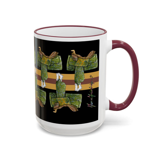 Western Saddle & Scarf Pattern Accent Rim Mug (11oz/15oz) by artist Marie Frederique