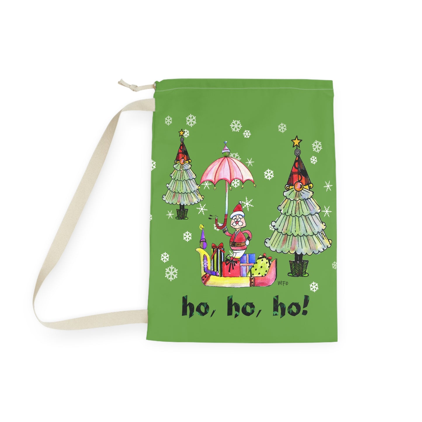 Christmas Laundry Bag — 'Ho, Ho, Ho!' Santa & Trees Holiday Wash Organizer by artist Marie Frederique