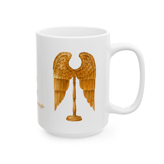 Angel Wings, "I am who I am and that is enough" Ceramic Mug in golden yellow by Artist Marie Frederique