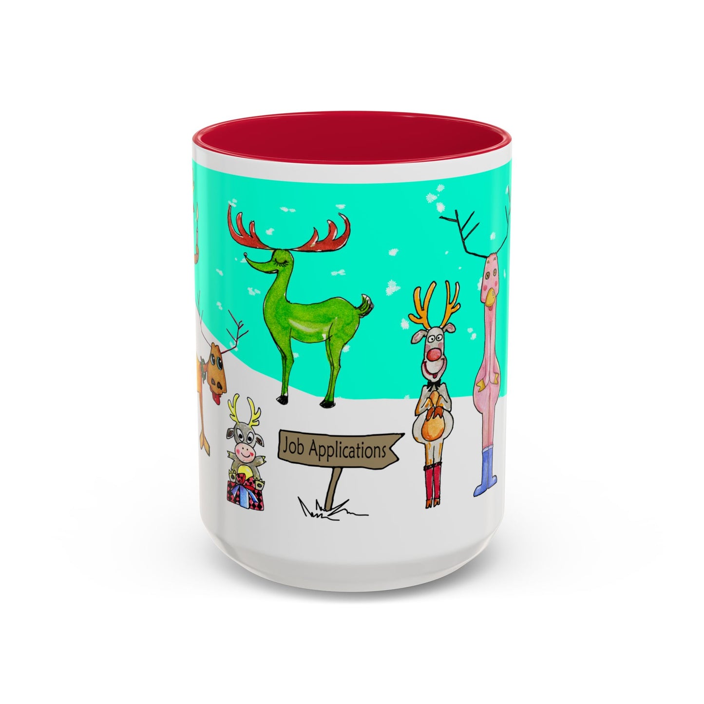 Santa's Job application line up, Christmas Mug, by artist Marie Frederique