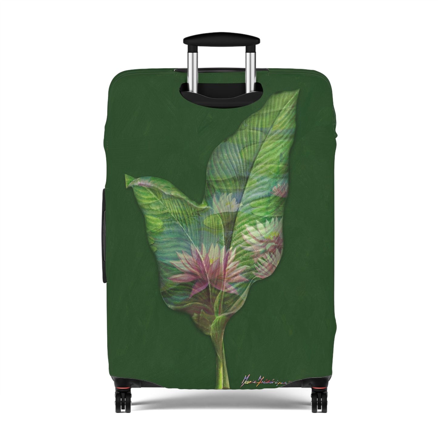 Luggage Cover, Pink Lotus flower and leaves on green By Artist Marie Frederique