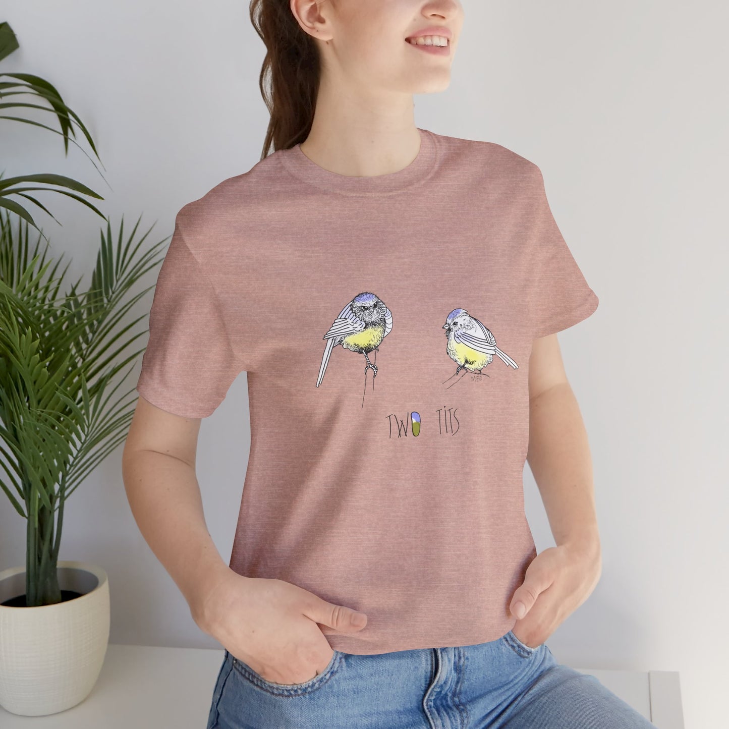 Cute Bird Graphic Tee - "Two Tits" Unisex Jersey Short Sleeve Shirt by artist Marie Frederique