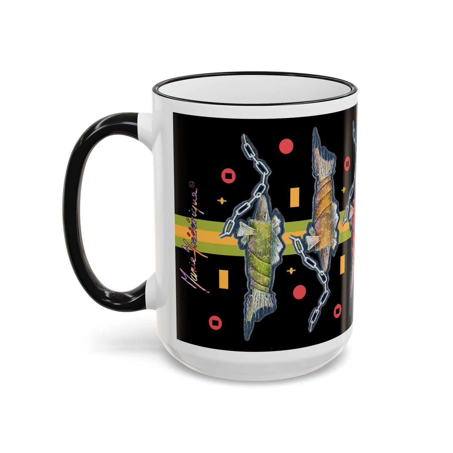 Abstract Neon Fish Pattern Mug — Accent Rim & Handle Ceramic Coffee Cup (11oz/15oz) by artist Marie Frederique