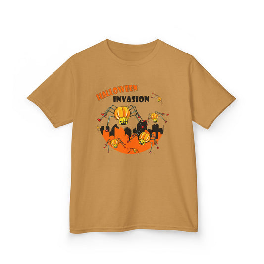 Kids Halloween Tee - Invasion of the Pumpkin Spiders Design by artist Marie Freder1que