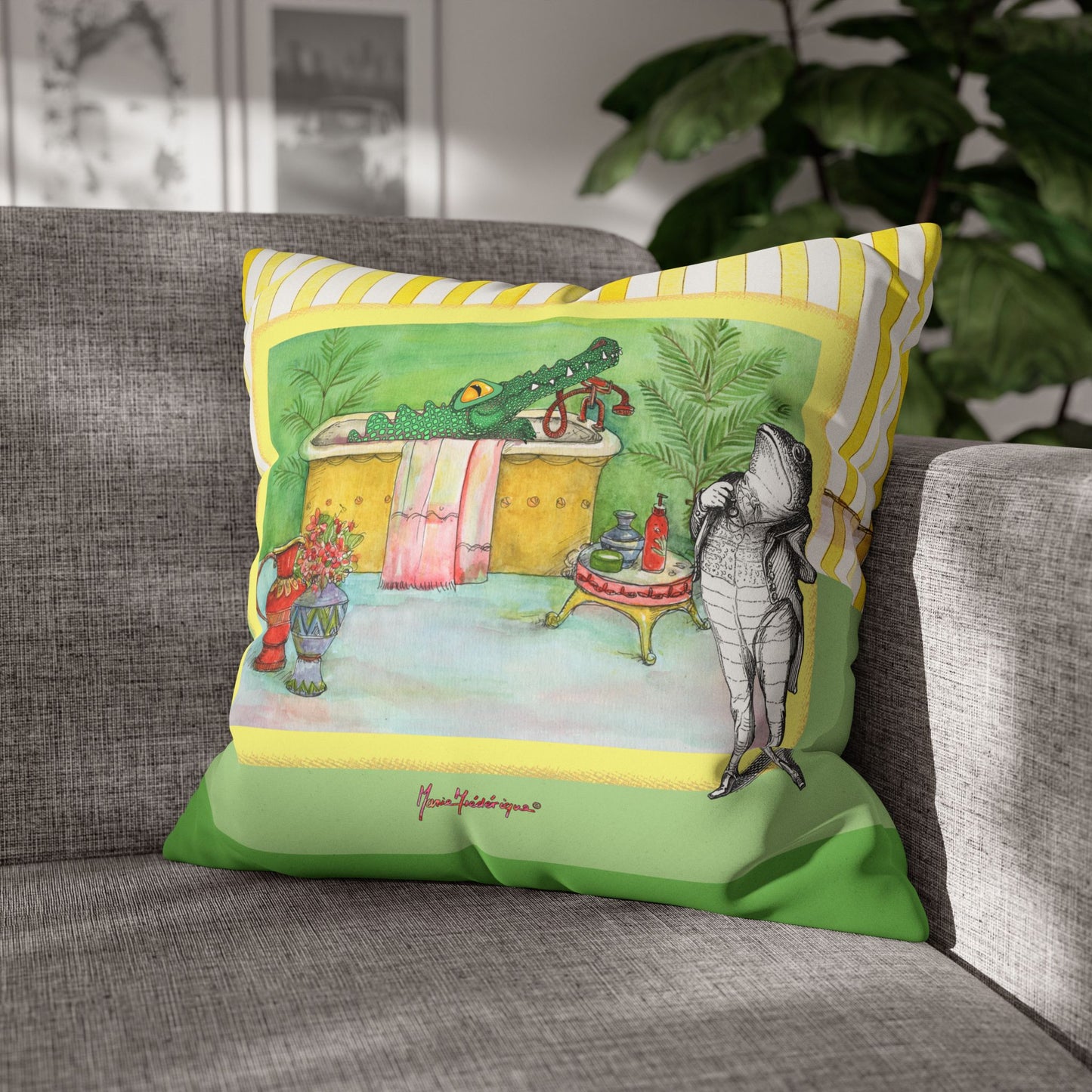 Alligator Bathtub Illustration Throw Pillowcase — Whimsical Bathroom Art Decor by artist Marie Frederique