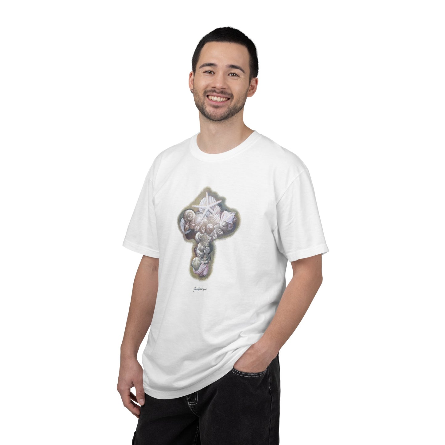 Cross of seashells, Coastal Graphic T-Shirt by artist Marie Frdeerique