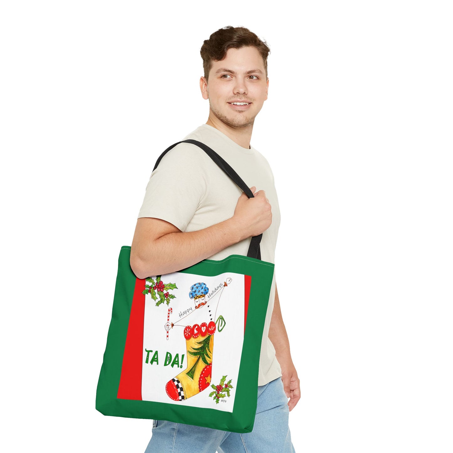 Christmas Stocking Tote Bag – 'Ta Da!' Holiday Gift & Shopping Tote by artist Marie Frederique