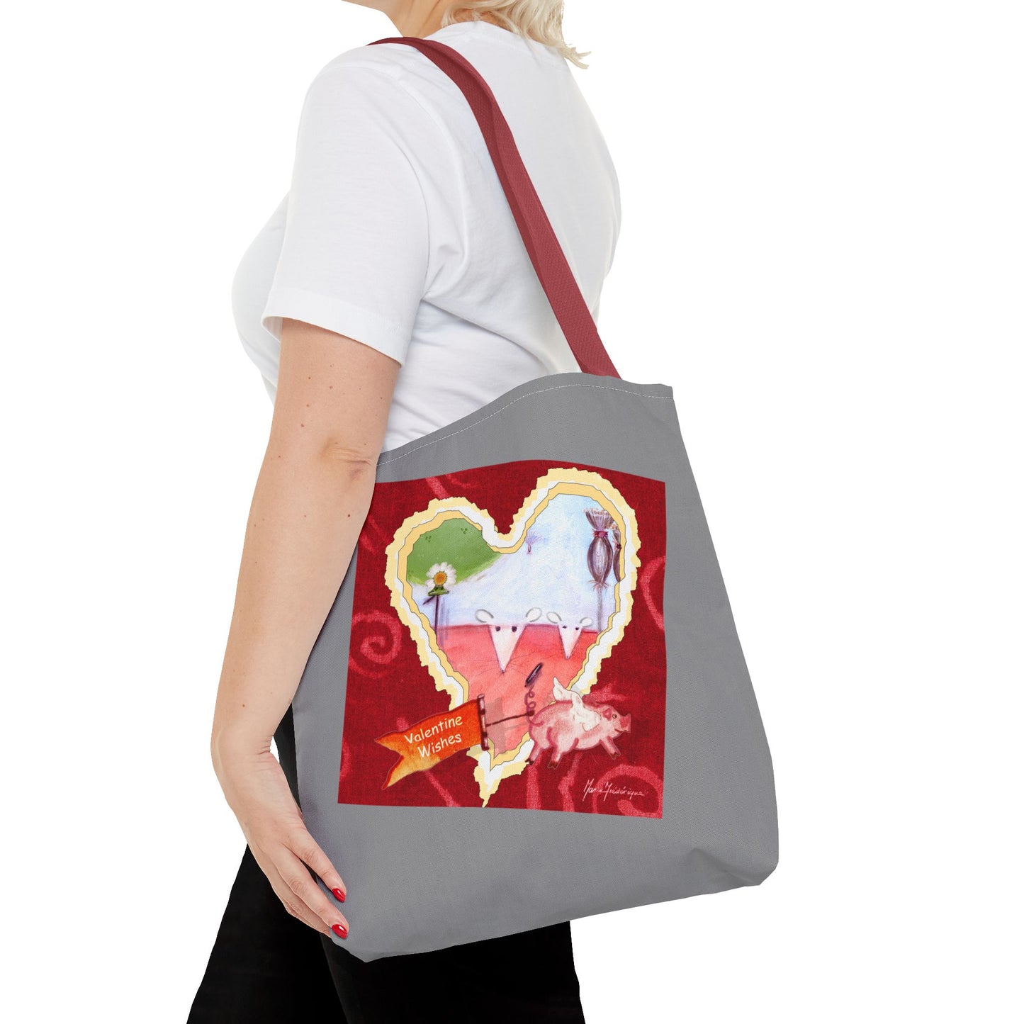 Valentine Tote Bag, Love is in the air - grey and red (2 different images on one bag) by artist Marie Frederique