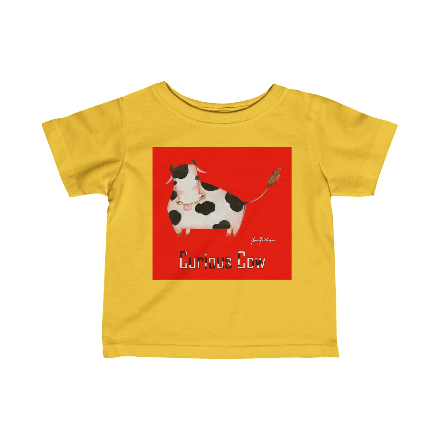 Curious Cow on red background - Infant Fine Jersey Tee by Artist Marie Frederique