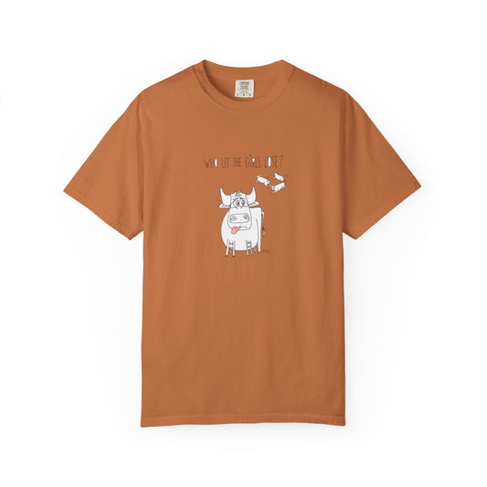 Whimsical Bull T-Shirt  "Who let the girls out?" by artist Marie Frederique