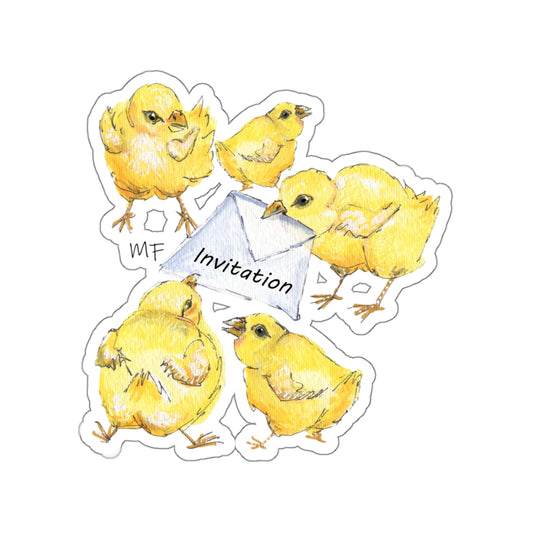 Invitation envelope delivered by yellow chicks painted image printed on Stickers by artist Marie Frederique