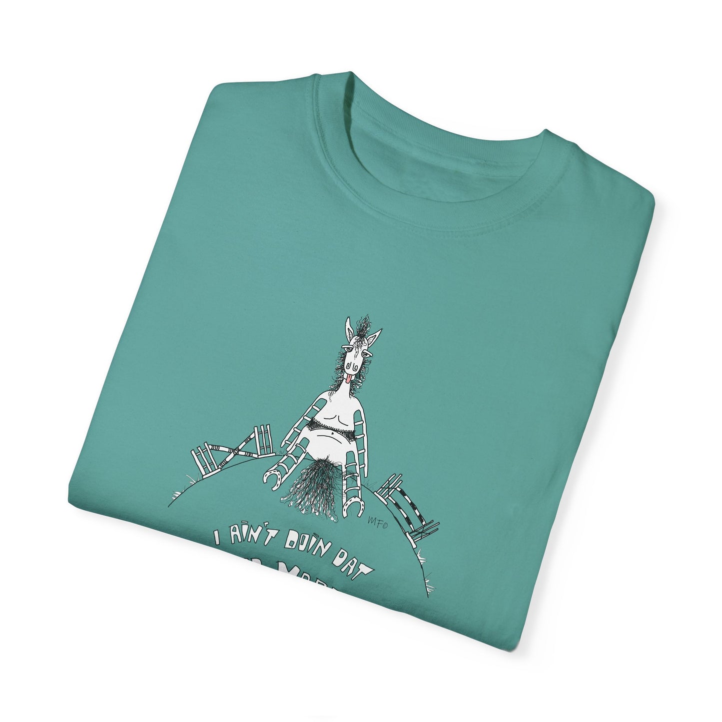 Funny Garment-Dyed T-Shirt for Horse Lovers - 'No More Shoes' Design with American Flag