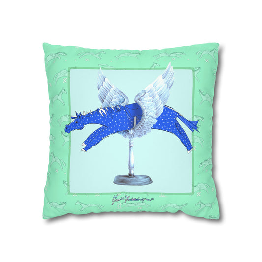Winged Blue Horse Faux Suede Pillowcase — Decorative Square Throw Pillow Cover by artist Marie Frederique
