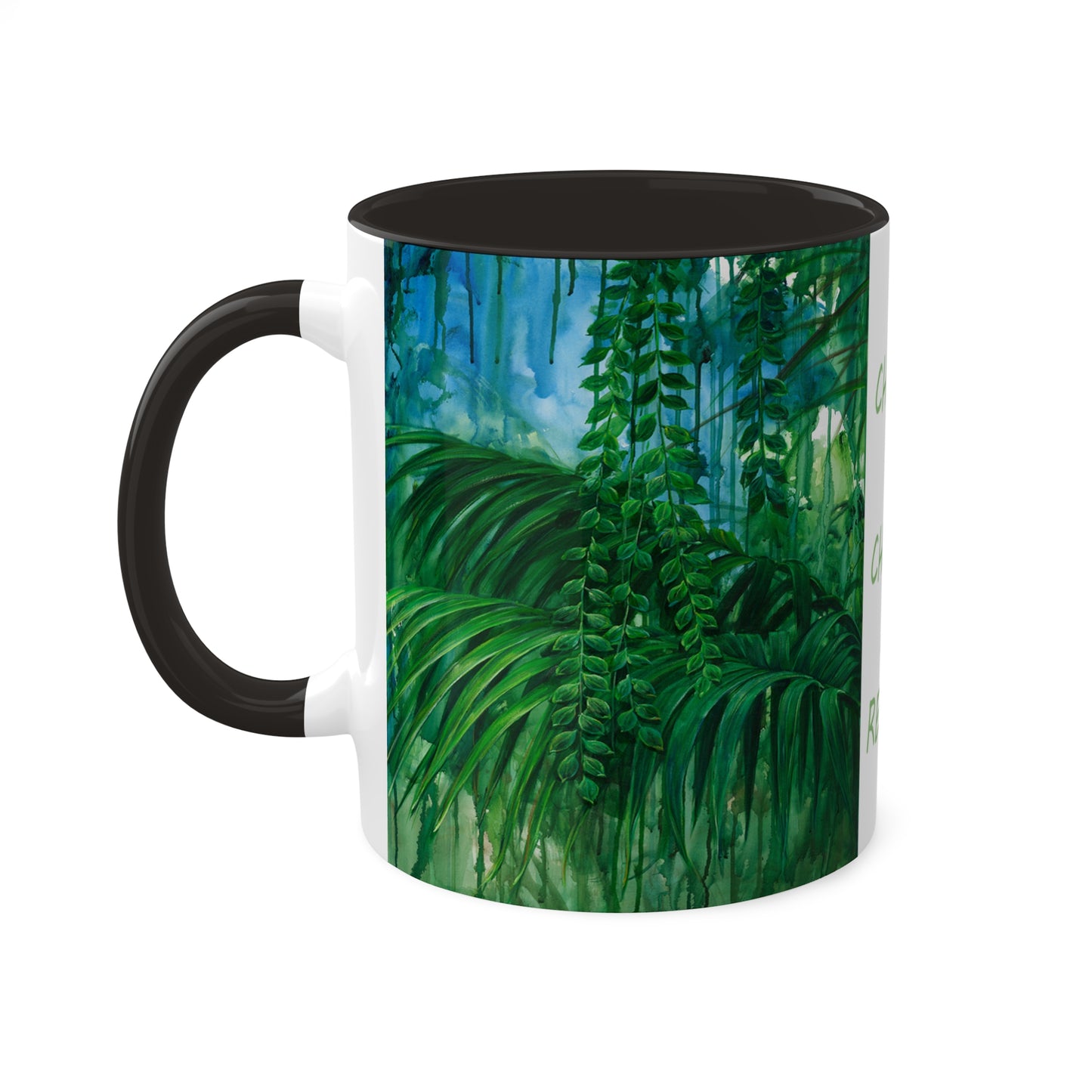 Planet Earth - Jungle Mug "I choose to change my reality" in 5 colors, Red, Black, Yellow, Light Green and Cambridge Blue, 11oz By Artist Marie Frederique