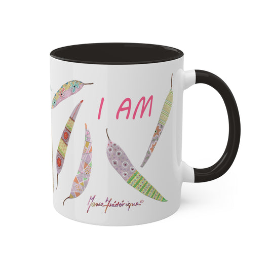 I AM - long pastel painted leaves mug in 6 Colors - Black, Red, Yellow, Light green, Light Blue and Pink Mugs, 11oz By Artist Marie Frederique