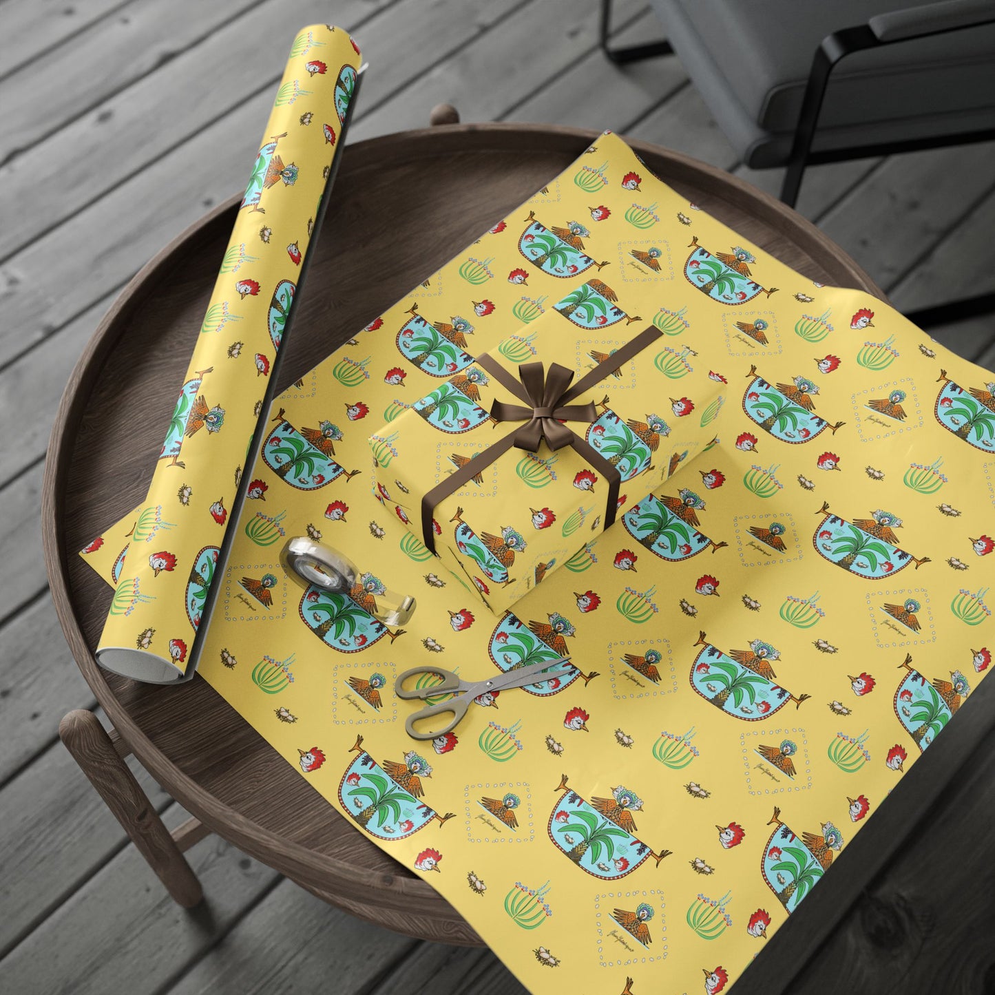 Spring Garden Chicken Wrapping Paper Roll — Yellow Floral chicken Pattern Gift Wrap by artist Marie Frederique