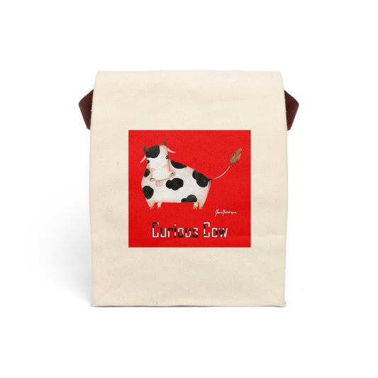 Curious Cow on red - Canvas Lunch Bag With Strap by Artist Marie Frederique